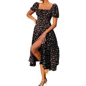 SHENHE Women's Floral Split Thigh Square Neck Puff Short Sleeve Long Boho Dresses
