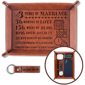 INNObeta Gifts for 3 Year Leather Anniversary for Him, Men, Husband, Gifts for 3rd Anniversary, Marriage Engraved Leather Valet Tray for Anniversary, Birthday - 3 Years