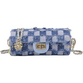 Nova&Aria Women Small Shoulder Bags Quilted Crossbody Distressed Jean Denim Purse Evening Bag Clutch Handbag with Chain Strap-Checkered