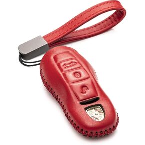 Vitodeco Genuine Leather Smart Key Fob Case with Leather Key Strap Compatible for Porsche 718, Porsche 911, Porsche Panamera, Porsche Cayenne (3-Button, Black/Red)