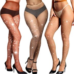 WEANMIX 3 PCS Sexy Sparkle Rhinestone Fishnet Stockings Pantyhose, High Waist Sparkly Party Tights for Women, Skin+ Brown+ Coffee