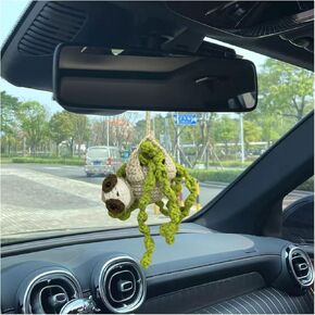 Crochet Frog and Mushroom Car Mirror Hanging Accessories, Handmade Knitted Rear View Mirror Charm, Cute Automotive Interior Ornament Decoration Car Pendant, A Present for Women (Frog Mushroom)