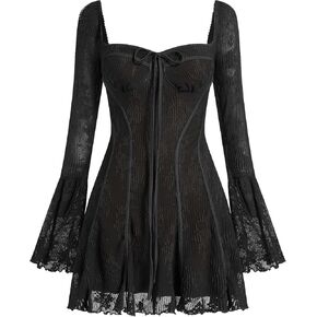 Women's Short Corset Y2k Mini Dress Long Sleeve Low Cut Lace Dress Vintage Solid Floral Party Dresses