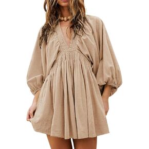 Acelitt Womens Fall Long Sleeve V Neck Beach Dresses Casual Loose Flowy Ruffle A Line Babydoll Mini Dress in Saudi Arabia