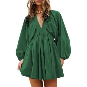 Acelitt Womens Fall Long Sleeve V Neck Beach Dresses Casual Loose Flowy Ruffle A Line Babydoll Mini Dress