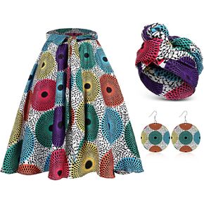Coume 3 Pcs Women African Dashiki Skirt Traditional Costume African Bohemian Head Wrap Scarf Drop Dangle Earring