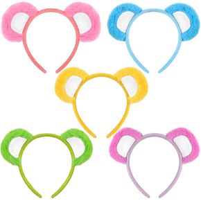5 Pcs Bear Ears Headbands Colorful Fluffy Animal Hairband for Birthday Party Favors Supplies Halloween Cosplay Accessories