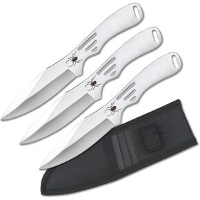 BladesUSA Perfect Point Throwing Knives – Set of 3 – Black Stainless Steel Blades and Handles w/ Spider Design, Nylon Sheath, Full Tang Construction, Well Balanced, Throwing Sport Knives – RC-1793B