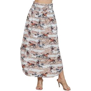 Womens Western Horse Desert Print Maxi Skirt Elastic Smock Waist Boho Long Skirt Side Split Aline Mini Dress