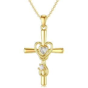 14K Solid Gold Nurse Cross Necklace for Women, Real Gold Stethoscope Heart Cross Pendant Necklace for Women Medical Jewelry Birthday Christmas Gifts for Her Wife, 16+2 Inch
