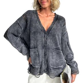 Women's Distressed Ripped Cardigan Sweater V Neck Button Down Long Sleeve Slouchy Pullover Knit Sweater