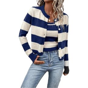 MakeMeChic Women's 2 Piece Outfit Striped Cami Crop Top and Button Down Long Sleeve Knit Cardigan Set