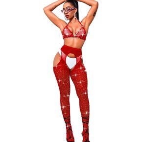 Women Sexy Rave Club Outfit, Rhinestone Fishnet Bodysuit High Waist Pantyhose, Bikini Bra Bodystocking 2 Pc Plus Size