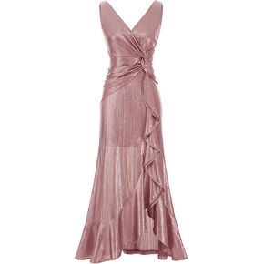 BeryLove Formal Dress Wedding Guest Sparkly Christmas Evening Prom Elegant Split Midi Cocktail Glitter Dress