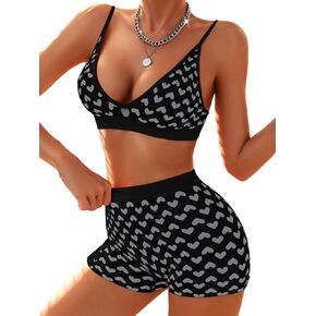 Heart Print Pajama Set,Deep V Sexy Lingerie Pajamas For Women,High Waisted Shorts 2 Piece Knit Lounge Sets Boudoir