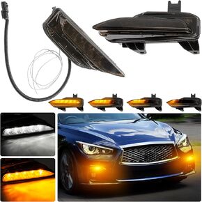 ALAVENTE Front Fog Light for Infiniti Q50 Q50s Sport 2014-2019 with DRL, Front Bumper Fog Lamp Turn Signal Flowing Flashing LED light with Smoke Black Lens, Sequential White/Amber - Upgrade Style