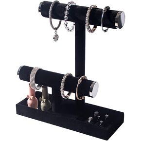 Byken 2 Tier Jewelry Holder,Necklace Bracelet Stand with Rings Tray,Black Velvet Jewelry Organizer with Metal Heads for Scrunchies Watches Chains in Kuwait