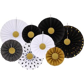 uxcell Hanging Paper Fans Set Round Pattern Paper Garlands Decoration for Party Birthday Graduation Christmas Holiday Wedding Decoration Black and White Gold(8pcs)