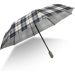 8-Rib Three-Fold Automatic Silver Umbrella, Sun and Rain Dual-Use - Plaid Pattern