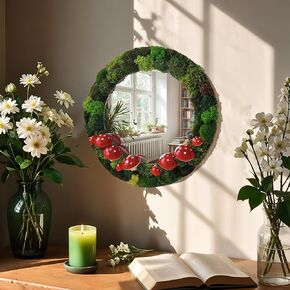 Lidy Mushroom Mirror Preserved Moss Decor - 11'' Handcrafted Decorative Mirror for Cottagecore Bedroom - Mushroom Decorations for Christmas & Nature Decor Lovers Gifts - Fairy Wall Decor Living Room