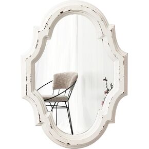 Small Vintage Oval Mirrors for Wall Decor 11 inch, Hanging Farmhouse Wood Entryway Mirror, Distressed White Rustic Scalloped Mirror Wall Decor, Ornate Accent Sculpted Mirror for Living Room