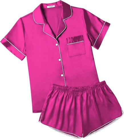 Ekouaer Womens Silk Satin Pajamas Short Sleeve Sleepwear Soft Button Down Loungewear 2 Piece PJS Shorts Set S-XXL in Saudi Arabia