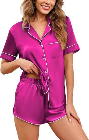Ekouaer Womens Silk Satin Pajamas Short Sleeve Sleepwear Soft Button Down Loungewear 2 Piece PJS Shorts Set S-XXL in Saudi Arabia