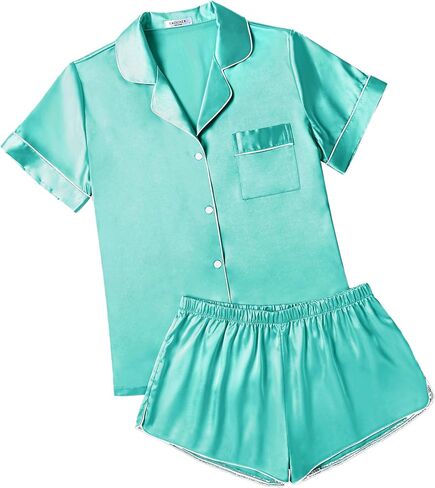 Ekouaer Womens Silk Satin Pajamas Short Sleeve Sleepwear Soft Button Down Loungewear 2 Piece PJS Shorts Set S-XXL in Saudi Arabia