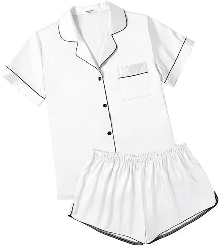 Ekouaer Womens Silk Satin Pajamas Short Sleeve Sleepwear Soft Button Down Loungewear 2 Piece PJS Shorts Set S-XXL in Saudi Arabia