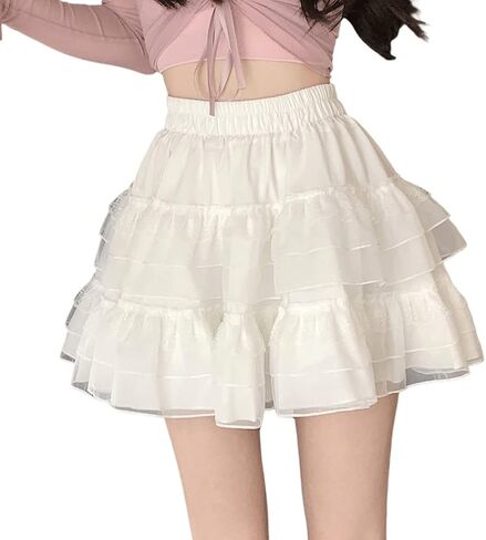 Harajuku Lolita Style Kawaii Pastel Goth Fashion Casual Elastic Waist Vintage Mesh Lace Trim Layered Skirt in Kuwait