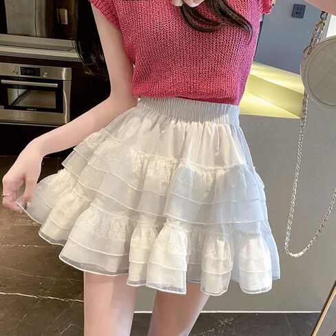 Harajuku Lolita Style Kawaii Pastel Goth Fashion Casual Elastic Waist Vintage Mesh Lace Trim Layered Skirt in Kuwait