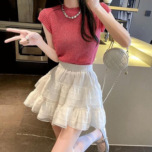 Harajuku Lolita Style Kawaii Pastel Goth Fashion Casual Elastic Waist Vintage Mesh Lace Trim Layered Skirt in Kuwait
