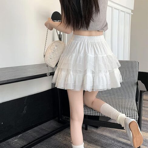 Harajuku Lolita Style Kawaii Pastel Goth Fashion Casual Elastic Waist Vintage Mesh Lace Trim Layered Skirt in Kuwait