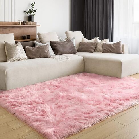 LOCHAS Soft Fluffy Faux Fur Rugs for Bedroom Bedside Rug 2x3 Feet, Washable, Furry Sheepskin Area Rug for Living Room Girls Room, Luxury Shag Carpet Home Decor, Pink in Kuwait