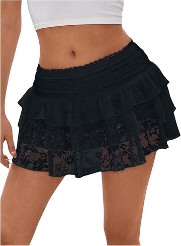 SHENHE Women's Lace Mini Skirts Y2K Low Rise Layered Ruffle Flowy Summer Casual Mini Skirt in Saudi Arabia