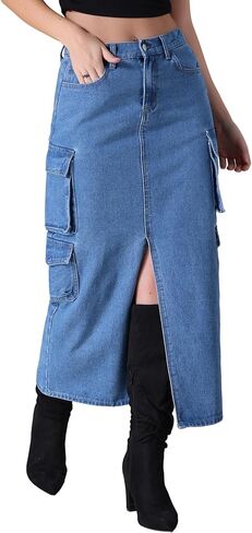 Women's Maxi Denim Skirt Front Split Button Front Elastic Waist Streetwear Flap Pockets Cargo Jean Skirts in Kuwait