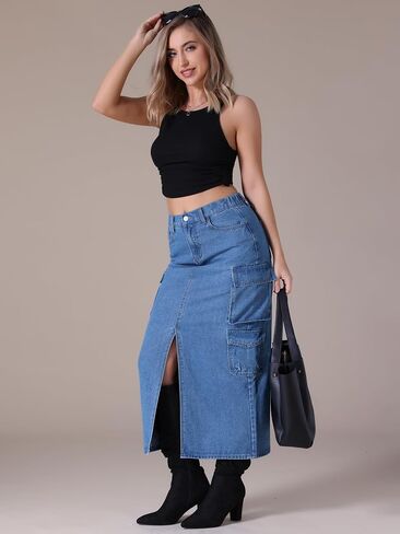 Women's Maxi Denim Skirt Front Split Button Front Elastic Waist Streetwear Flap Pockets Cargo Jean Skirts in Kuwait
