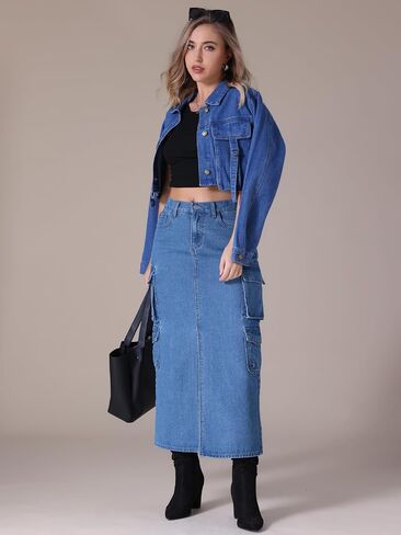 Women's Maxi Denim Skirt Front Split Button Front Elastic Waist Streetwear Flap Pockets Cargo Jean Skirts in Kuwait