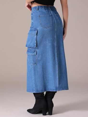 Women's Maxi Denim Skirt Front Split Button Front Elastic Waist Streetwear Flap Pockets Cargo Jean Skirts in Kuwait