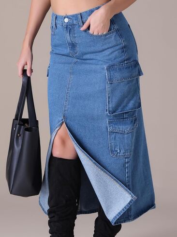 Women's Maxi Denim Skirt Front Split Button Front Elastic Waist Streetwear Flap Pockets Cargo Jean Skirts in Kuwait