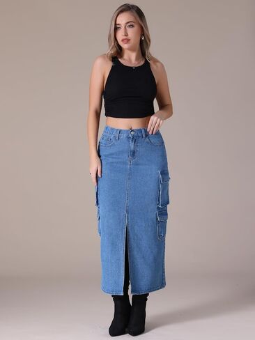 Women's Maxi Denim Skirt Front Split Button Front Elastic Waist Streetwear Flap Pockets Cargo Jean Skirts in Kuwait
