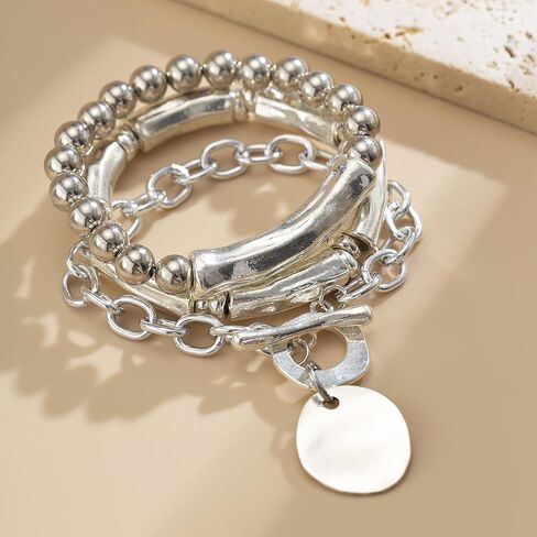 ZMANYIJEW Chunky Silver Bracelet Set for Women Men 3PCS Layered Bracelet Lock Round Chain Bracelet Punk Jewelry in Kuwait
