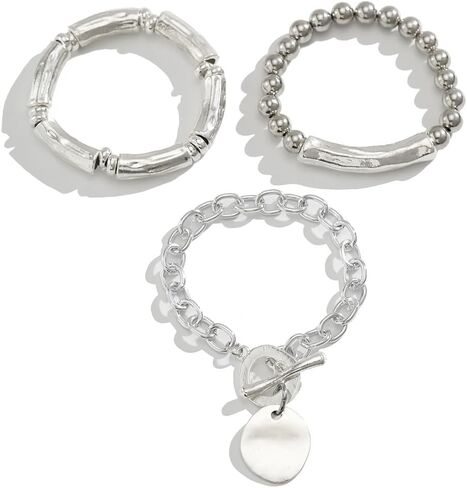 ZMANYIJEW Chunky Silver Bracelet Set for Women Men 3PCS Layered Bracelet Lock Round Chain Bracelet Punk Jewelry in Kuwait