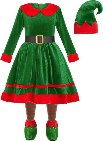 Girls Christmas Elf Costume Santa's Helper Outfit for Girls Elf Velvet Dress in Kuwait