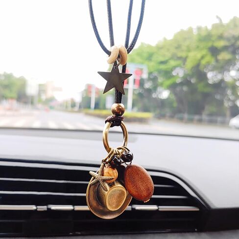Vintage Cowboy Hat Rear View Mirror Accessories, Premium Alloy Necklace Clothing Accessories Car Hanging Ornament Car Mirror Hanging Accessories, Cool Car Accessories Car Decor (Copper hat) in Saudi Arabia