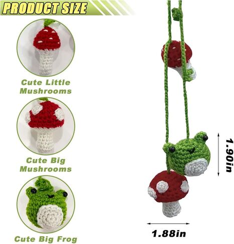 Crochet Frog and Mushroom Car Mirror Hanging Accessories, Handmade Knitted Rear View Mirror Charm, Cute Automotive Interior Ornament Decoration Car Pendant, A Present for Women (Frog Mushroom) in Kuwait
