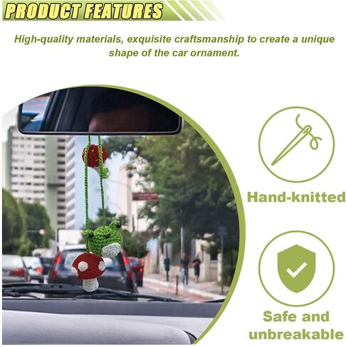 Crochet Frog and Mushroom Car Mirror Hanging Accessories, Handmade Knitted Rear View Mirror Charm, Cute Automotive Interior Ornament Decoration Car Pendant, A Present for Women (Frog Mushroom) in Kuwait