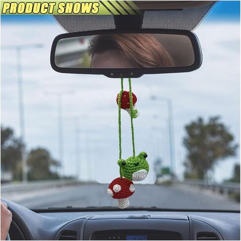 Crochet Frog and Mushroom Car Mirror Hanging Accessories, Handmade Knitted Rear View Mirror Charm, Cute Automotive Interior Ornament Decoration Car Pendant, A Present for Women (Frog Mushroom) in Kuwait