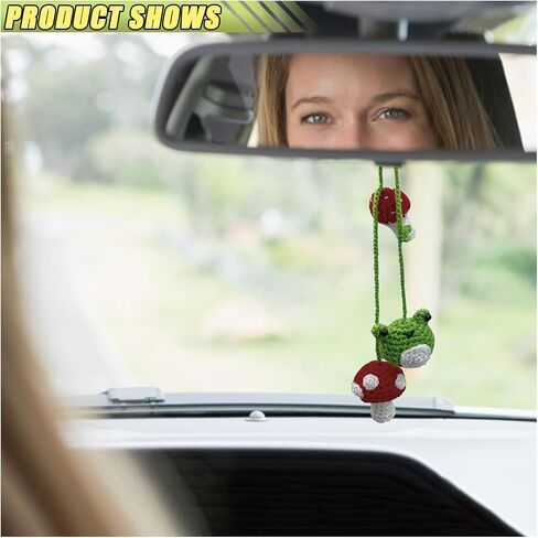 Crochet Frog and Mushroom Car Mirror Hanging Accessories, Handmade Knitted Rear View Mirror Charm, Cute Automotive Interior Ornament Decoration Car Pendant, A Present for Women (Frog Mushroom) in Kuwait