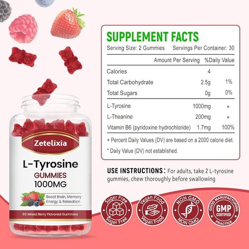 L-Tyrosine Gummies 1000mg، مكمل L-Theanine Gummy 200mg، L-Tyrosine خالي من السكر مع مكملات الطاقة فيتامين B6 للبالغين والأطفال - نباتي (60 قطعة) in Kuwait